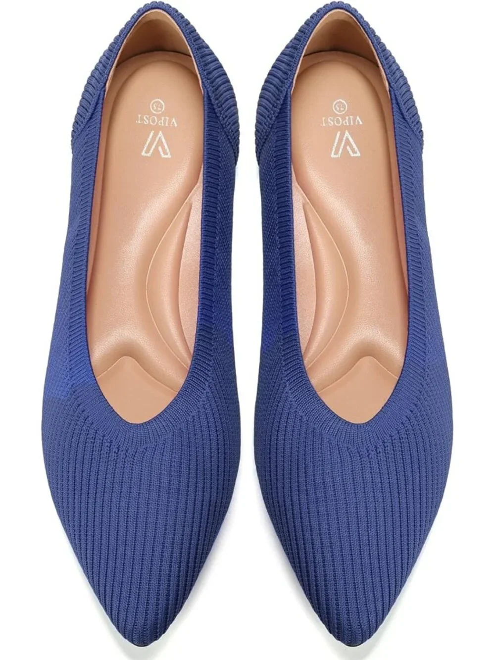Women's Navy Blue Pointed Toe Comfort Foldable Slip On Knit Ballet Flat Shoes